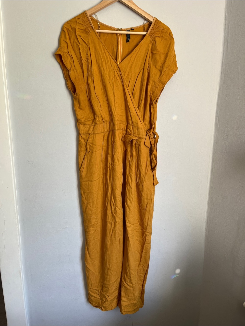 Wrap-Front Mustard Jumpsuit with Tie Waist